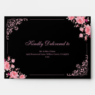 Enveloppe Mariage floral noir et rose