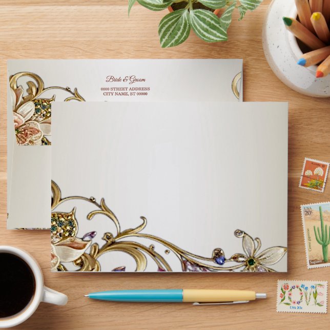 Enveloppe Mariage Floral Or Blanc (Desk)