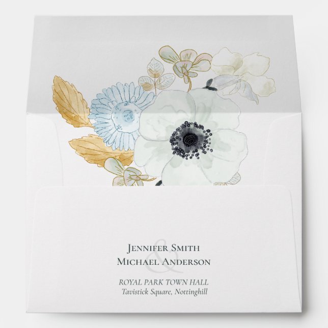 Enveloppe Mariage floral or blanc marine (Dos (Bas))
