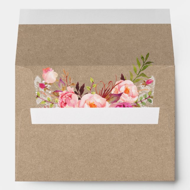 Enveloppe Mariage floral rose dentelle rustique style Kraft (Dos (Bas))