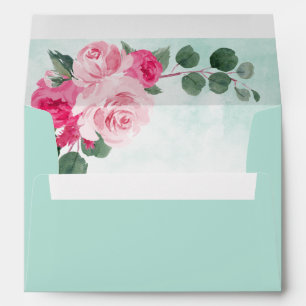 Enveloppe Mariage floral rose et vert à la menthe
