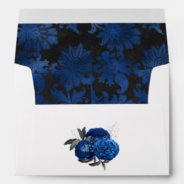 Enveloppe Mariage Floral Royal Bleu, Noir et Argent (Dos (Bas))