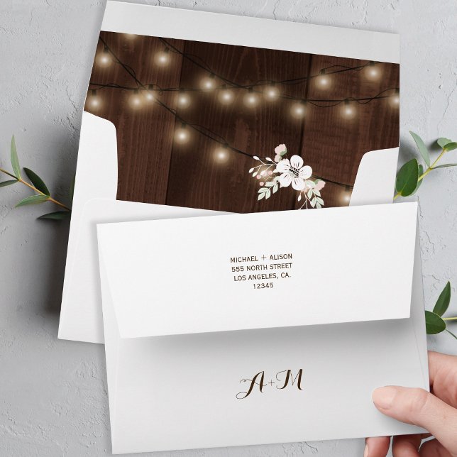 Enveloppe Mariage floral rustique d'hiver | Lumières en bois (Créateur téléchargé)