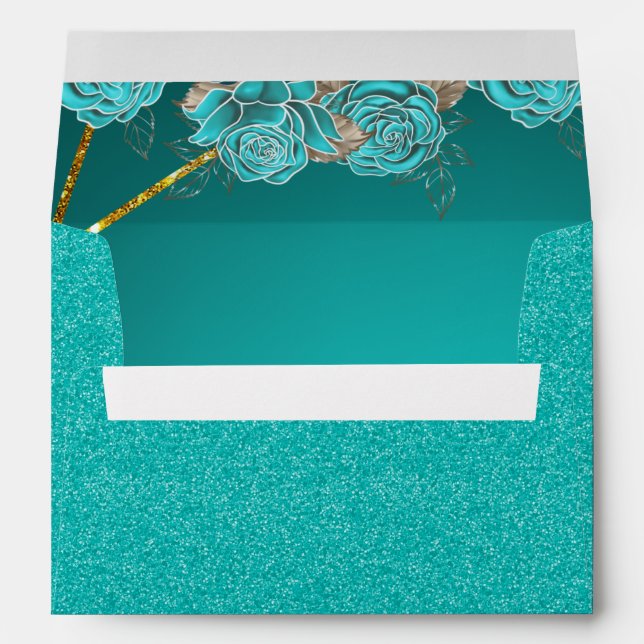 Enveloppe Mariage floral Turquoise et or personnalisé (Dos (Bas))