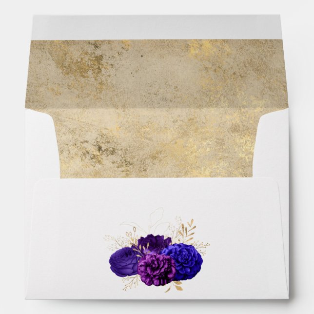 Enveloppe Mariage floral violet, bleu royal et or (Dos (Bas))