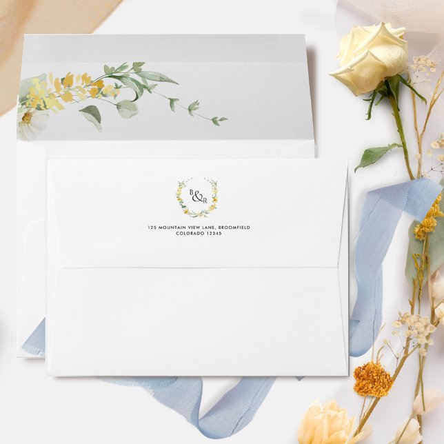 Enveloppe Mariage florale jaune élégante et délica (Créateur téléchargé)