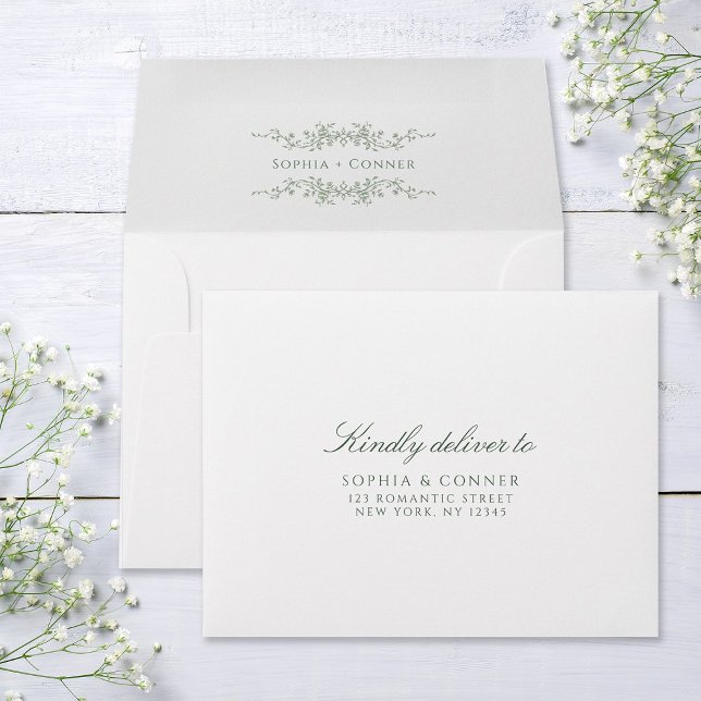 Enveloppe Mariage français Sage Green - Adresse pré-imprimée (Front & Inside)