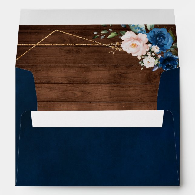 Enveloppe Mariage géométrique en bois rustique bleu marine (Dos (Bas))