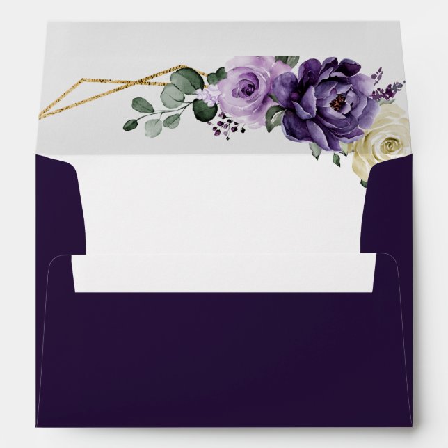 Enveloppe Mariage géométrique Floral Plum violet or ivoire (Dos (Bas))