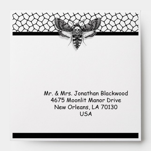 Enveloppe Mariage gothique - Crâne Moth & Dentelle (Devant)