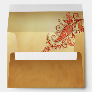 Enveloppe Mariage indien Paisley Floral Gold Red Orange