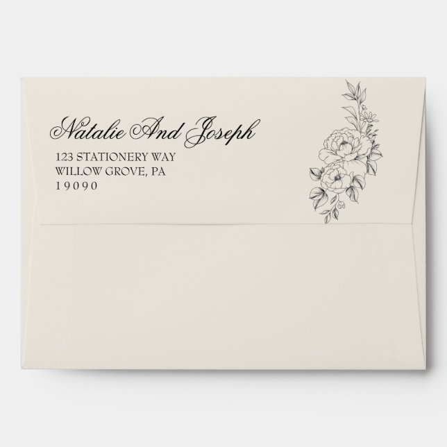 Enveloppe Mariage Moderne Botanique Bohème Crème Noir Floral (Dos (Haut rabat))
