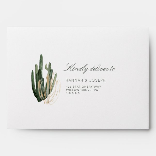 Enveloppe Mariage moderne Cactus vert et or (Devant)