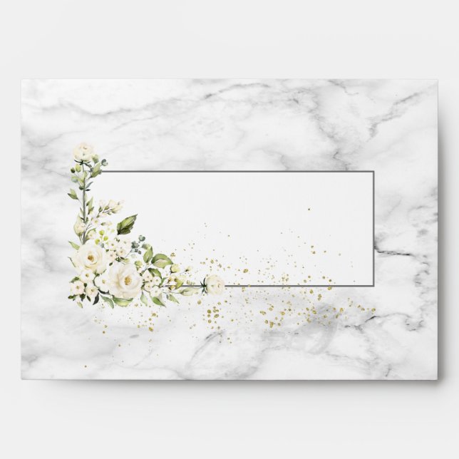 Enveloppe Mariage moderne gris clair blanc floral or marbre  (Devant)