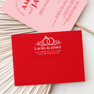 Enveloppe mariage moderne, rouge et rose