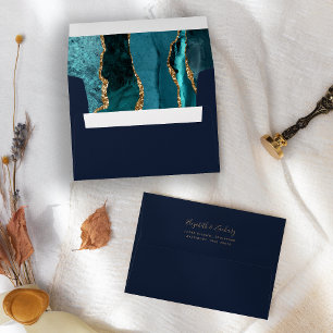 Enveloppe Mariage Moderne Turquoise Or Agate Bleu Marine