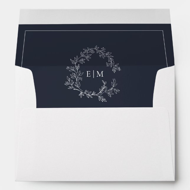 Enveloppe Mariage Monogramme de la marine moderne Blue Leafy (Dos (Bas))