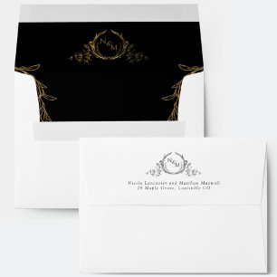 Enveloppe Mariage Monogramme élégant blanc, noir et or