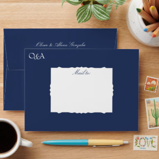 Enveloppe Mariage Monogramme Pré-adressé Bleu Foncé, Rose