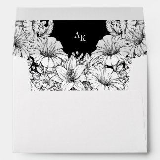 Enveloppe Mariage Monogramme Rustique Floral Blanc Noir