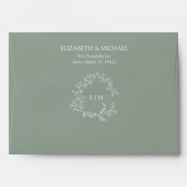 Enveloppe Mariage Monogramme vert Sage moderne (Dos (Haut rabat))