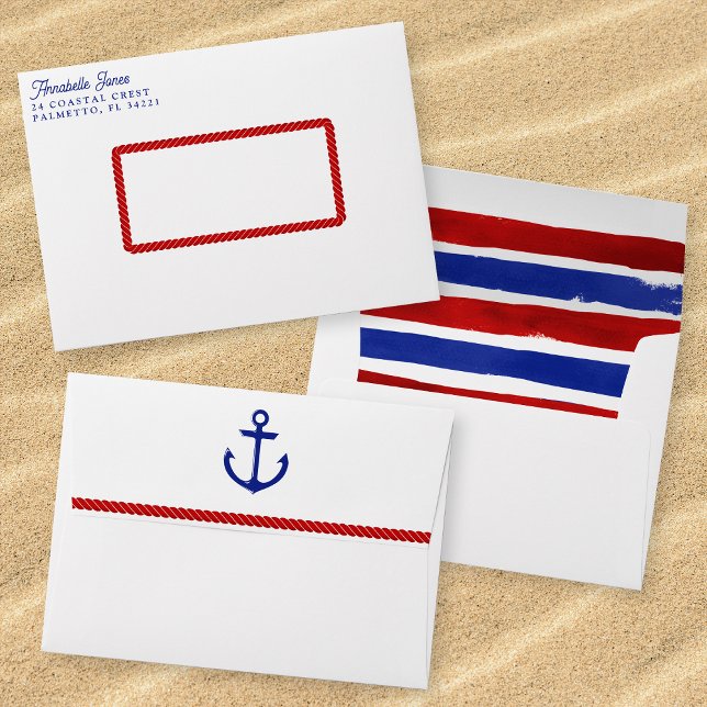 Enveloppe Mariage nautique blanc bleu bleu Aquarelle rayée (Mockup of front, back and inside of envelope.)