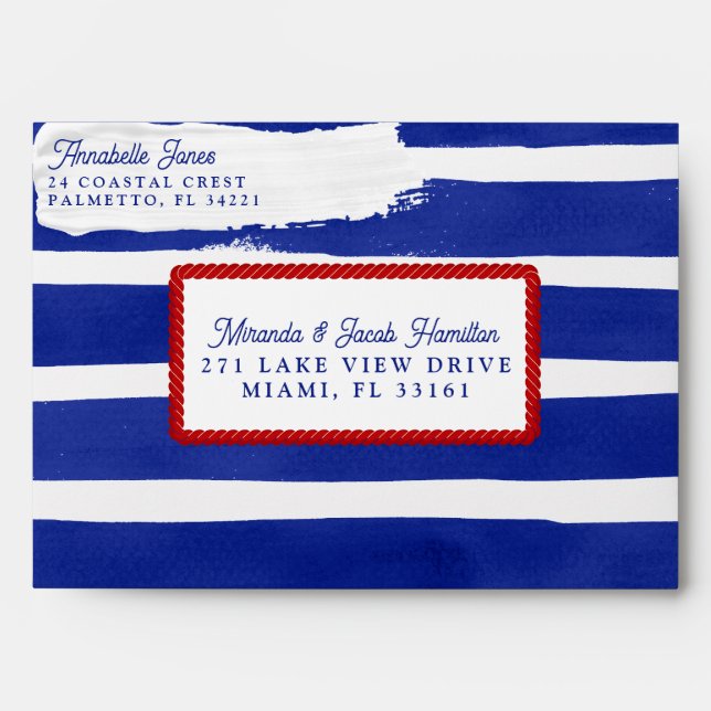 Enveloppe Mariage nautique Bleu bleu Rouge Aquarelle rayée (Devant)