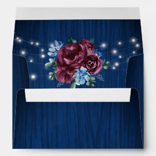 Enveloppe Mariage Navy Blue Burgundy Floral Lights