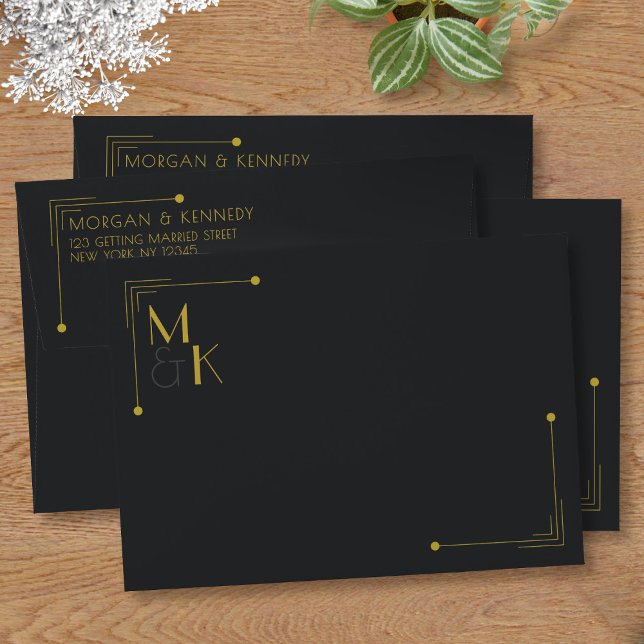 Enveloppe Mariage noir Art Déco années 1920 (Add your initials and name to these elegant black wedding envelopes)