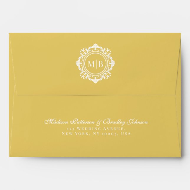 Enveloppe Mariage or de monogramme floral orné (Dos (Haut rabat))