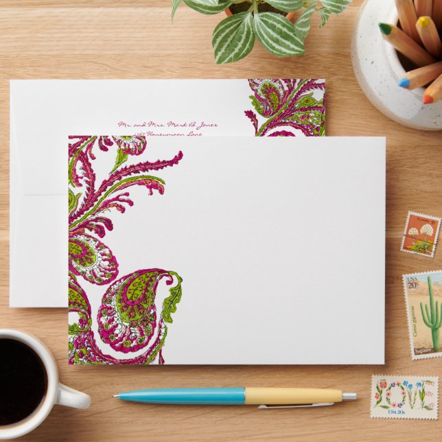 Enveloppe Mariage Peacock Vintage Fuchsia Lime (Desk)