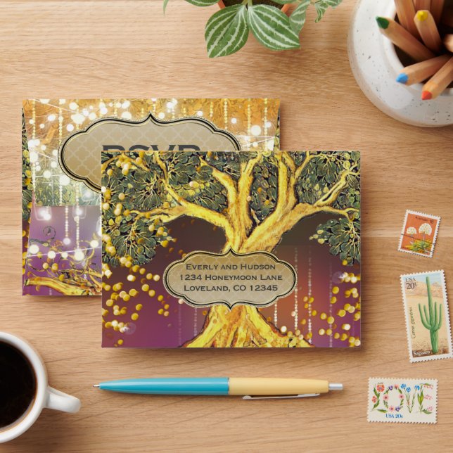 Enveloppe Mariage Radiant Purple & Gold Tree (Desk)
