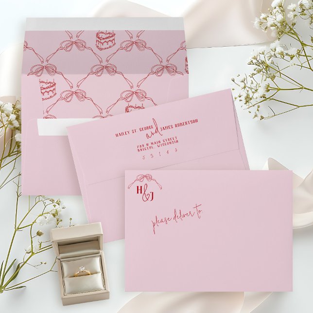 Enveloppe Mariage rétro moderne Quirky Main Tirée Bow PINK (Modern quirky pink and red hand drawn retro coquette bow heart cake script wedding invite envelope )