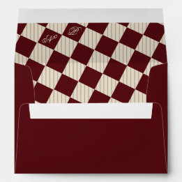 Enveloppe Mariage Rétro Monogramme Rayures Ivoire et Bourgog