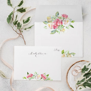 Enveloppe Mariage romantique aux roses en aquarelle rose pou