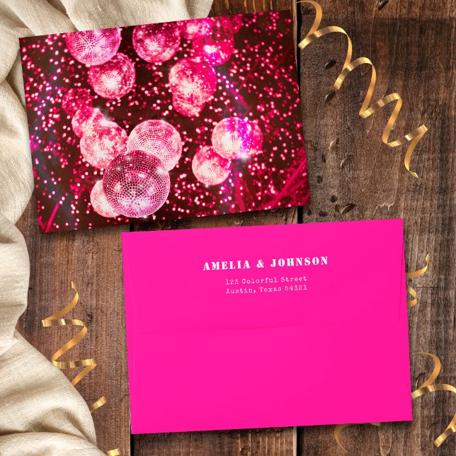 Enveloppe Mariage Rose Chaud Boules Disco Chic Rétro (Front and Back)