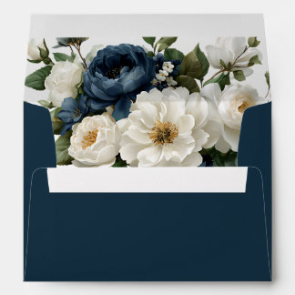 Enveloppe Mariage Royal Bleu Pivoine & Fleurs Blanches