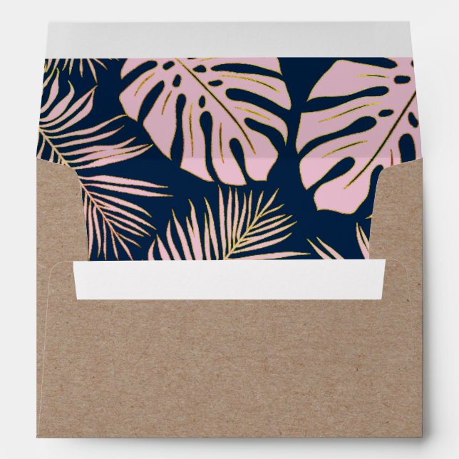 Enveloppe Mariage rustique bleu marine aux feuilles tropical (Dos (Bas))