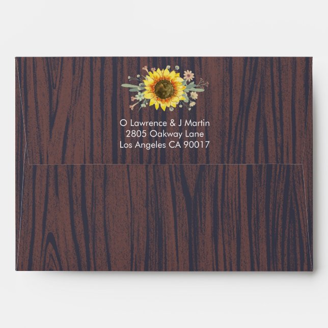 Enveloppe Mariage rustique Tournesol Bois Lumière (Dos (Haut rabat))