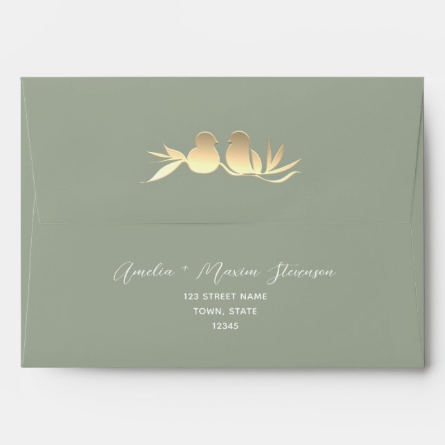 Enveloppe Mariage Sage Green Gold Lovebirds (Dos (Haut rabat))