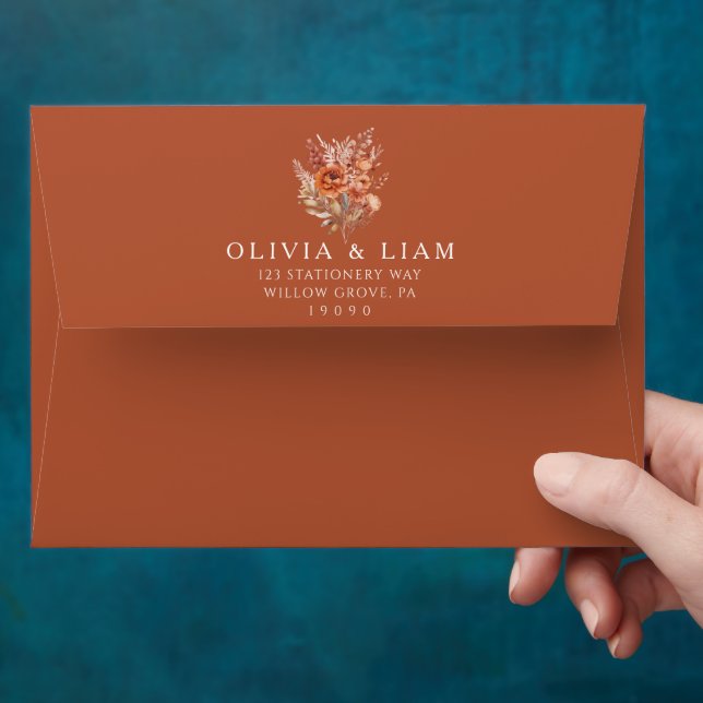 Enveloppe Mariage simple Burange Orange Terracotta Florals (Hand)