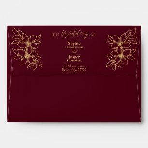 Enveloppe Mariage simple Floral Or Bourgogne