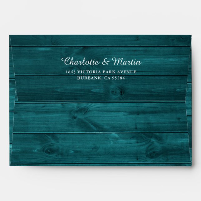 Enveloppe Mariage Turquoise en bois rustique (Dos (Haut rabat))