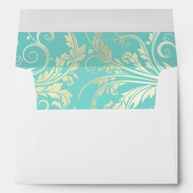 Enveloppe mariage turquoise et or floral (Dos (Bas))
