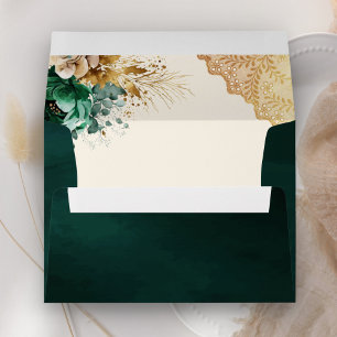 Enveloppe Mariage Vert Émeraude Floral Broderie Or