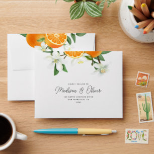 Enveloppe Mariage vert en fleurs orange luxuriante RSVP