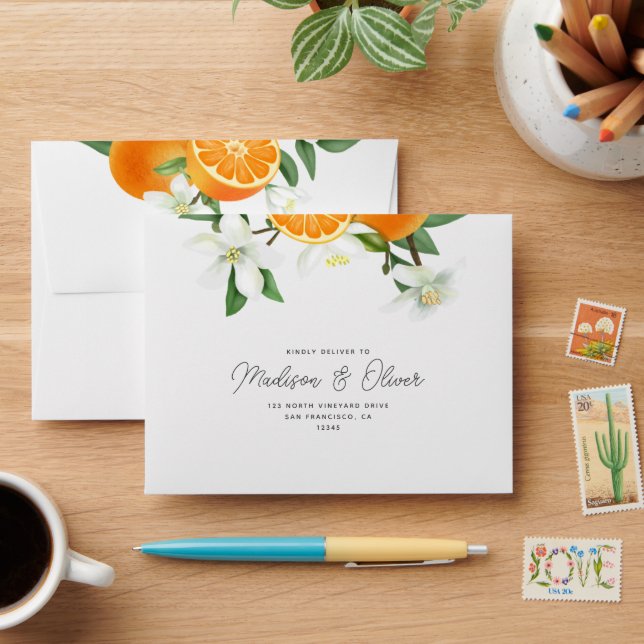 Enveloppe Mariage vert en fleurs orange luxuriante RSVP (Desk)