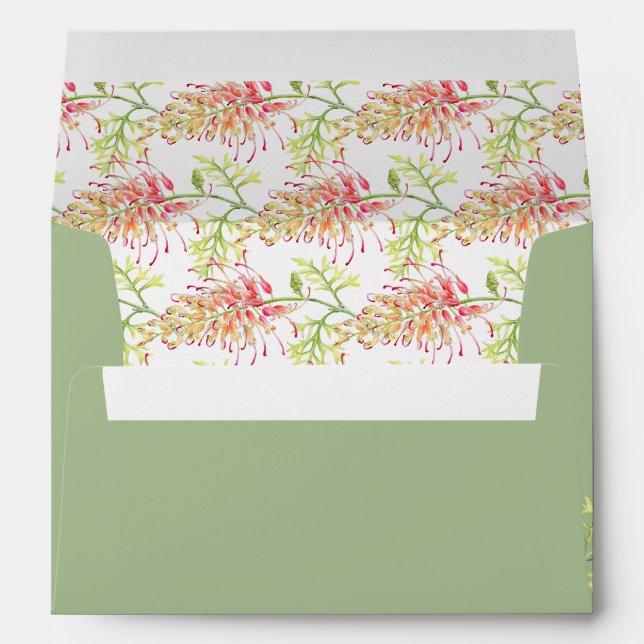 Enveloppe Mariage vert orangé fleuri Grevillea (Dos (Bas))