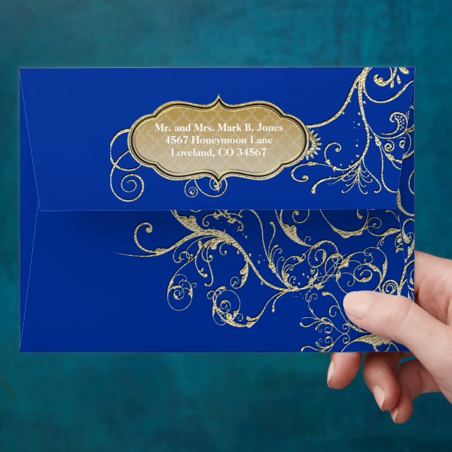 Enveloppe Mariage vintage Royal Blue Gold (Hand)