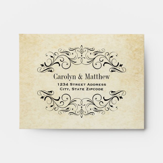Enveloppe Mariage Vintage Rustique Noir Floraison RSVP (Devant)